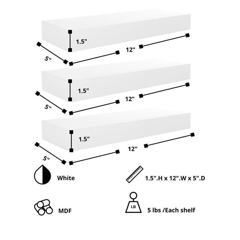 Kiera Grace Stockholm Maine Floating Shelves, Modern Wall Mounted Hanging Shelf for Bedroom, Kitchen, 12", White, 3Pack - Image 5